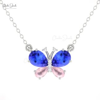 Gemstone Butterfly Necklace In 14k Real Gold Tanzanite And Rosequartz Diamond Necklaces
