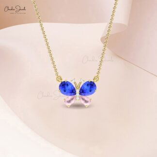 Gemstone Butterfly Necklace In 14k Real Gold Tanzanite And Rosequartz Diamond Necklaces