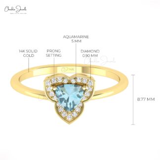 Gemstone Engagement Ring In Pure 14k Gold Aquamarine Halo Diamond Rings For Her