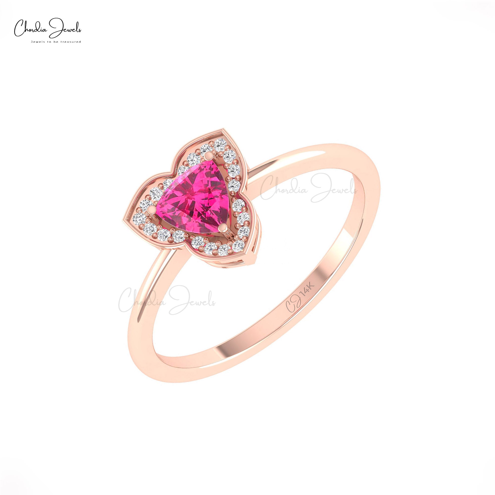 Halo Diamond Women Ring With 5mm Pink Tourmaline Prong Set In 14k Real Gold Rings
