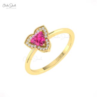 Halo Diamond Women Ring With 5mm Pink Tourmaline Prong Set In 14k Real Gold Rings