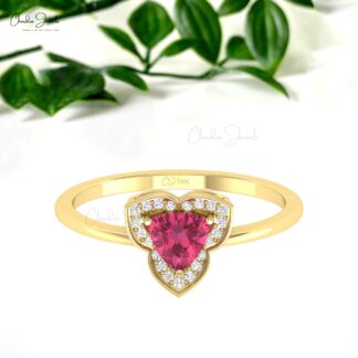 Halo Diamond Women Ring With 5mm Pink Tourmaline Prong Set In 14k Real Gold Rings