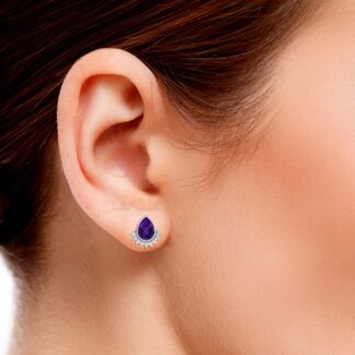 Genuine Amethyst Flare Studs In 14k Pure Gold Diamond Push Back Hallmark Earrings