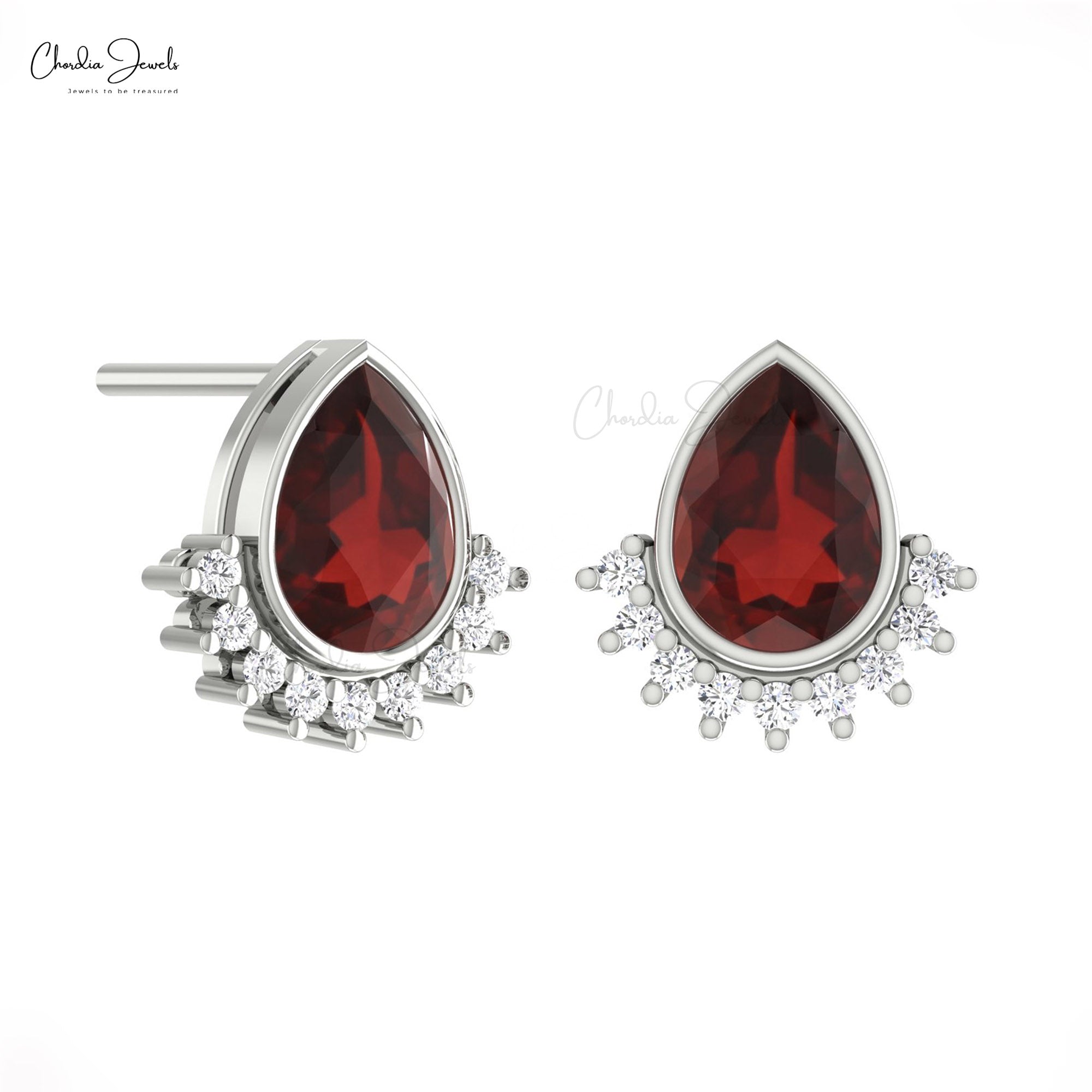 Pear Bezel Set Earrings With 1.26 Ct Red Garnet And Diamond Flare Studs In 14k Real Gold