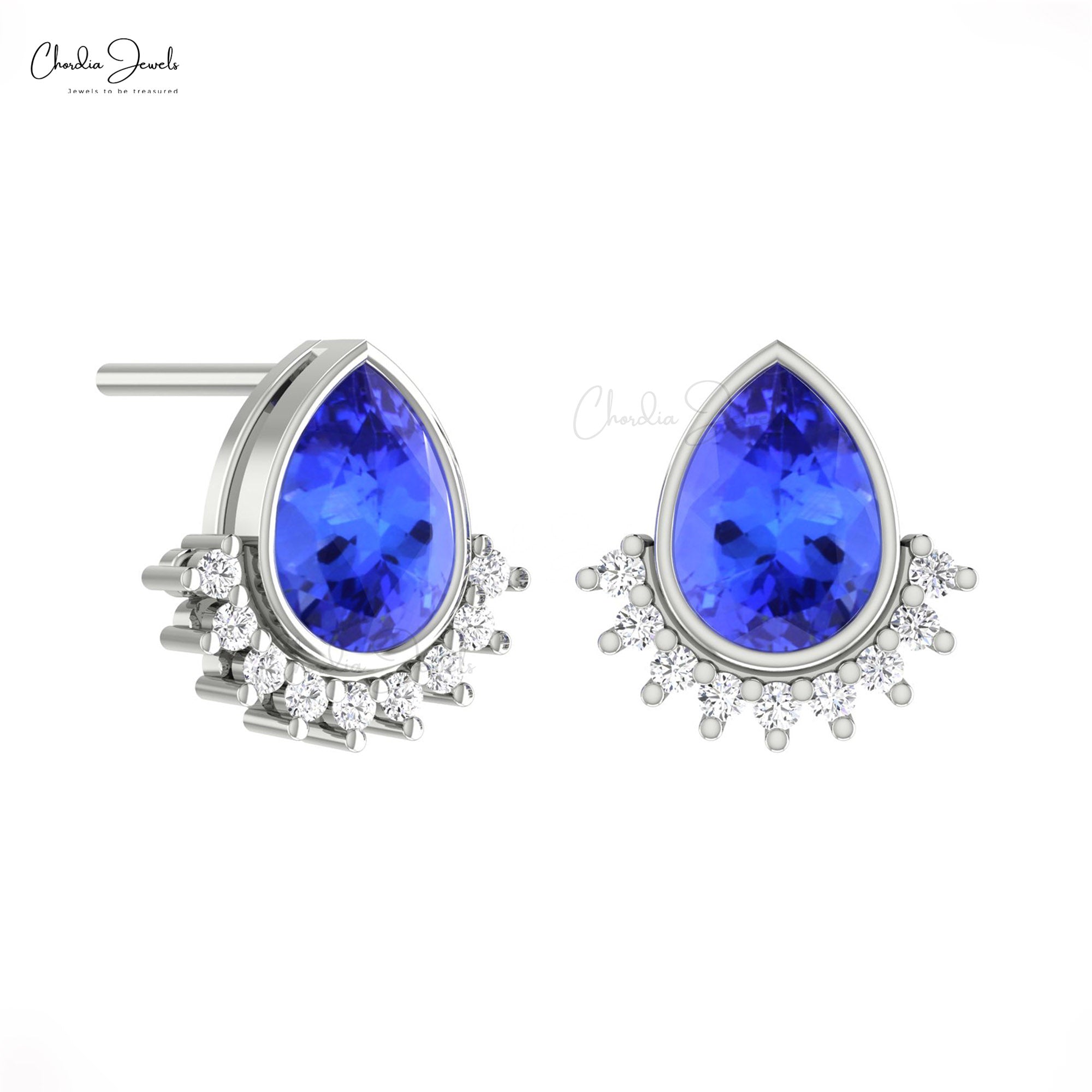 Pear Shape Minimalist Earring With 7x5mm Tanzanite And Diamond 14k Pure Gold Flare Studs