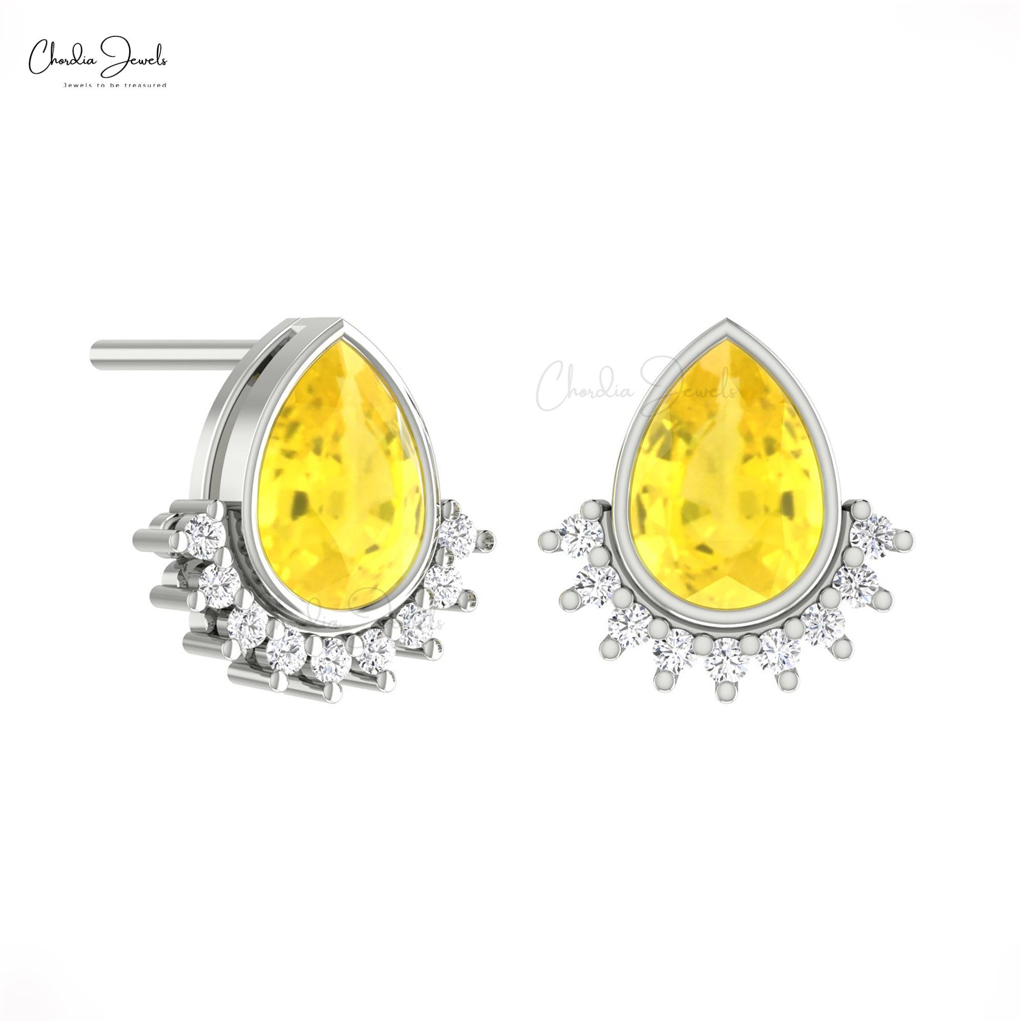 Natural Yellow Sapphire Dainty Earrings In Solid 14k Gold Diamond Flare Women Studs
