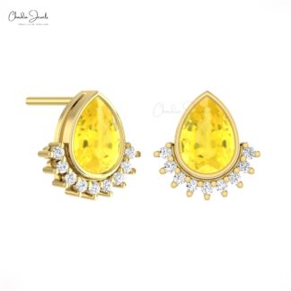 Natural Yellow Sapphire Dainty Earrings In Solid 14k Gold Diamond Flare Women Studs