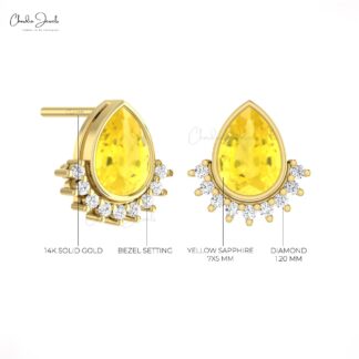 Natural Yellow Sapphire Dainty Earrings In Solid 14k Gold Diamond Flare Women Studs