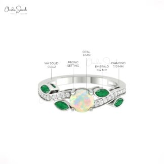 Floral Diamond Ring In 14k Solid Gold Fire Opal 6mm And Marquise Emerald Wedding Rings