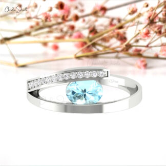 Solid 14k Gold Bypass Ring With 7x5mm Aquamarine March Birthstone & Diamond Pave Rings