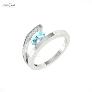 Solid 14k Gold Bypass Ring With 7x5mm Aquamarine March Birthstone & Diamond Pave Rings