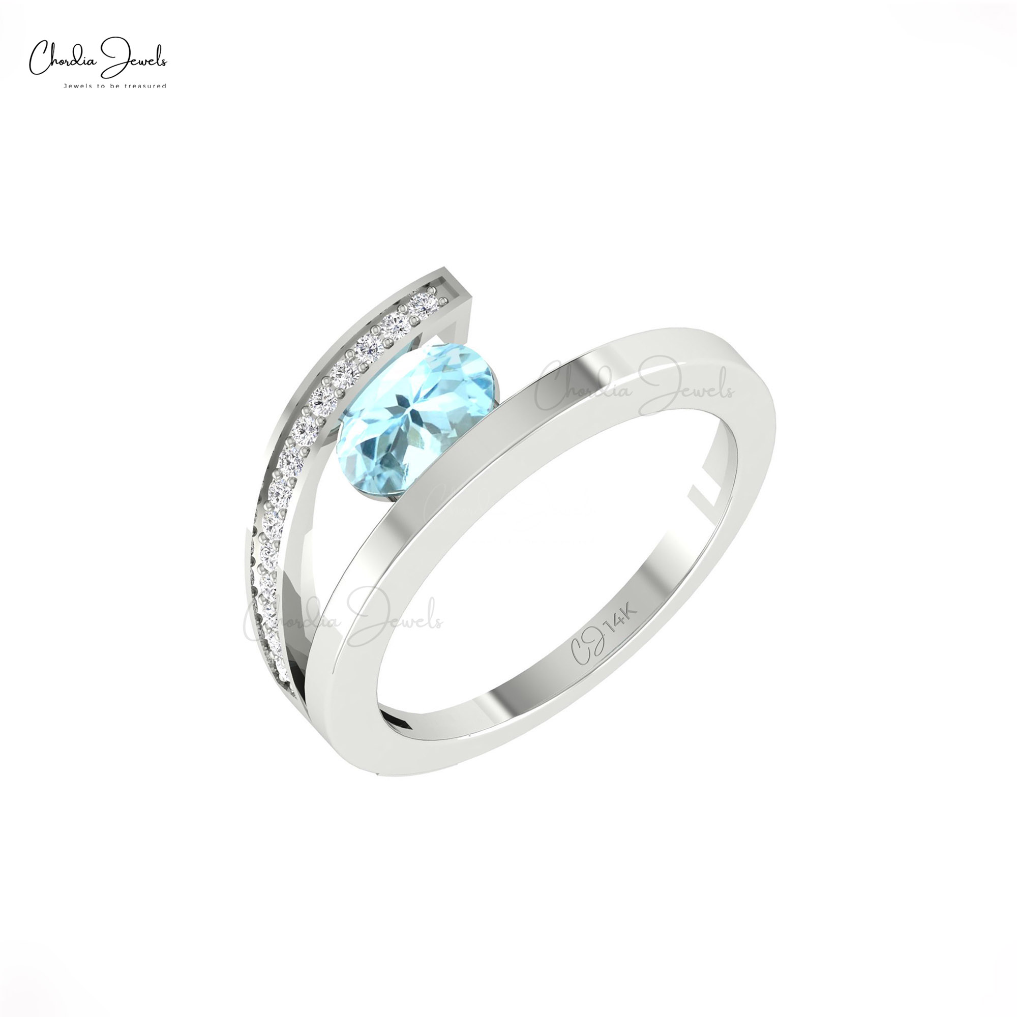 Solid 14k Gold Bypass Ring With 7x5mm Aquamarine March Birthstone & Diamond Pave Rings