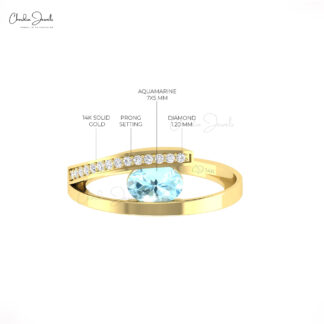 Solid 14k Gold Bypass Ring With 7x5mm Aquamarine March Birthstone & Diamond Pave Rings