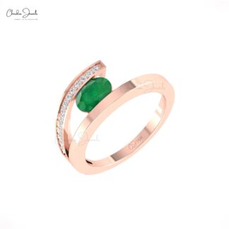 Oval Bypass Wedding Ring With 1.1 Ct Emerald And Diamond Split Shank Rings in 14k Gold