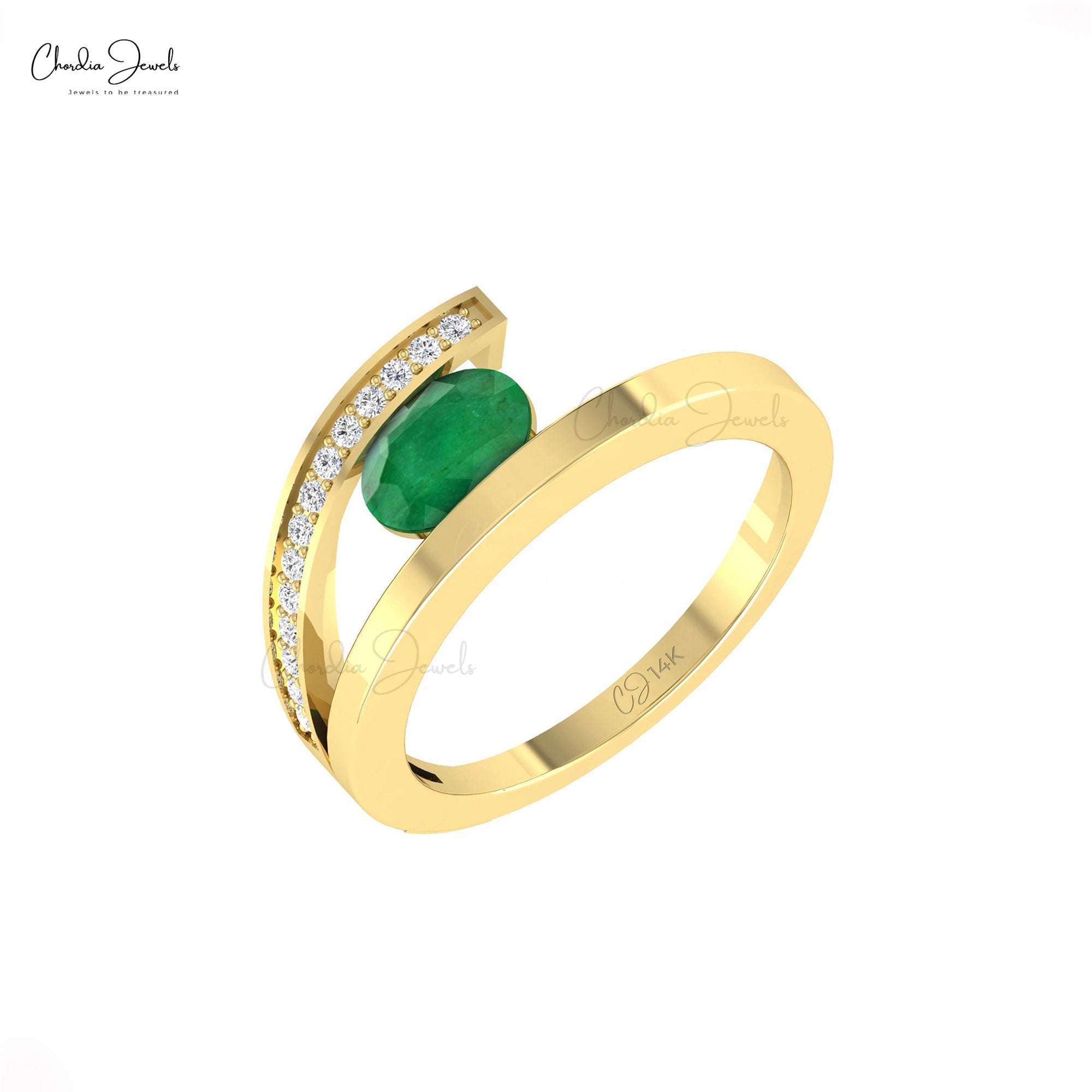 Oval Bypass Wedding Ring With 1.1 Ct Emerald And Diamond Split Shank Rings in 14k Gold
