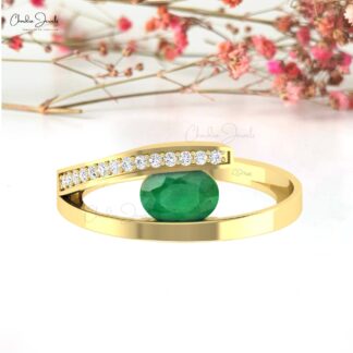 Oval Bypass Wedding Ring With 1.1 Ct Emerald And Diamond Split Shank Rings in 14k Gold