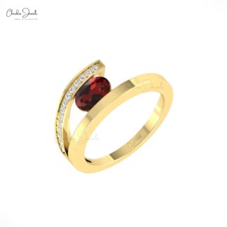 Oval Red Garnet Split Shank Ring With 0.72 Ct Gemstone Diamond Fine Jewelry In 14k Gold