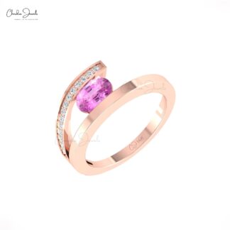 Gemstone Bypass Ring With 7x5mm Pink Sapphire And Diamond 14k Solid Gold Women Rings