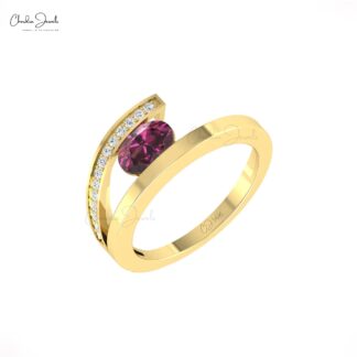 Natural Rhodolite Garnet Bypass Ring With G-H Diamond Split Shank 14k Solid Gold Rings