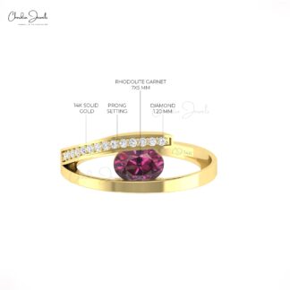 Natural Rhodolite Garnet Bypass Ring With G-H Diamond Split Shank 14k Solid Gold Rings