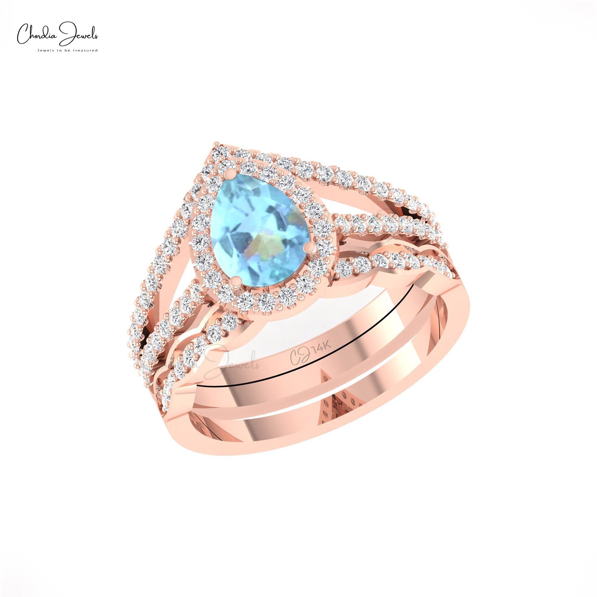 Halo Diamond Multilayer Ring With 8x6mm Aquamarine March Birthstone 14k Real Gold Rings