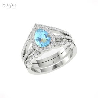 Halo Diamond Multilayer Ring With 8x6mm Aquamarine March Birthstone 14k Real Gold Rings