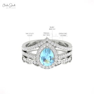 Halo Diamond Multilayer Ring With 8x6mm Aquamarine March Birthstone 14k Real Gold Rings