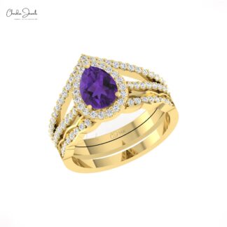 Multilayer Split Shank Ring In Solid 14k Gold Amethyst And Diamond Halo Hallmarked Ring