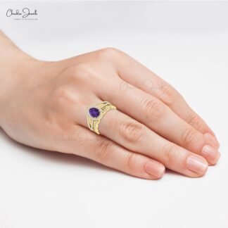 Multilayer Split Shank Ring In Solid 14k Gold Amethyst And Diamond Halo Hallmarked Ring