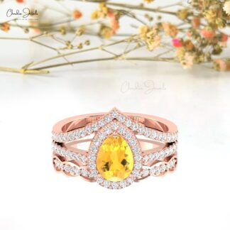 Gemstone Split Shank Ring With 8x6mm Citrine And Halo Diamond Pave In 14k Real Gold Ring
