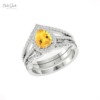 Gemstone Split Shank Ring With 8x6mm Citrine And Halo Diamond Pave In 14k Real Gold Ring