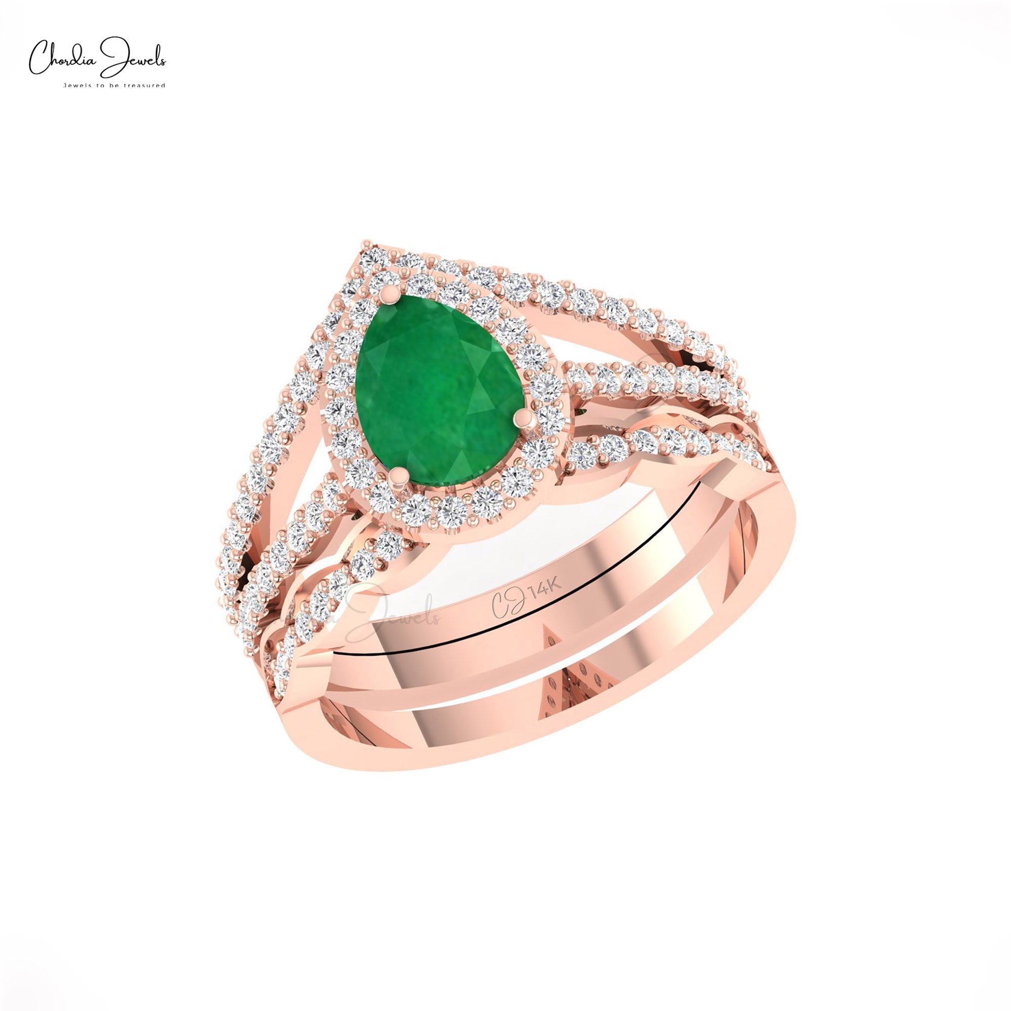 Multilayer Shank Halo Ring In 14k Real Gold Zambian Emerald Diamond Wedding Rings