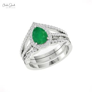 Multilayer Shank Halo Ring In 14k Real Gold Zambian Emerald Diamond Wedding Rings