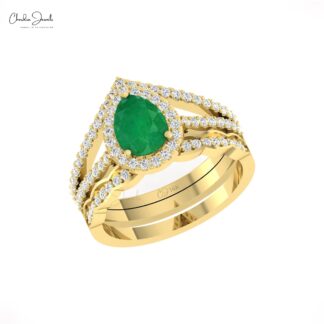 Multilayer Shank Halo Ring In 14k Real Gold Zambian Emerald Diamond Wedding Rings