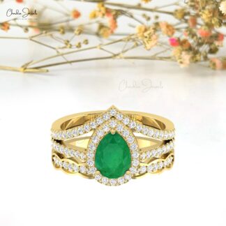 Multilayer Shank Halo Ring In 14k Real Gold Zambian Emerald Diamond Wedding Rings