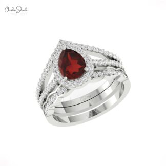 Multilayer Unique Halo Ring With 8x6mm Red Garnet Diamond Pave Set In 14k Real Gold Ring