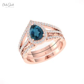 Natural London Blue Topaz Halo Ring In 14k Pure Gold Diamond Multilayer Rings For Her