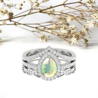 Teardrop Multilayer Ring In Solid 14k Gold Fire Opal G-H Diamond Halo Engagement Rings