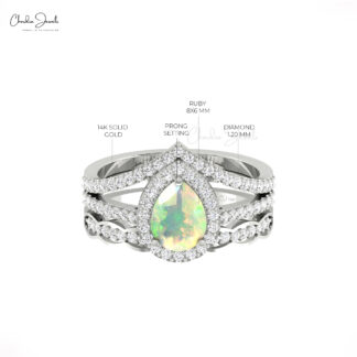 Teardrop Multilayer Ring In Solid 14k Gold Fire Opal G-H Diamond Halo Engagement Rings