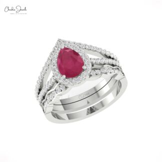 Halo Engagement Ring With 1.5 Ct Ruby And Diamond Split Shank Rings In 14k Solid Gold