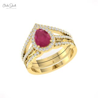 Halo Engagement Ring With 1.5 Ct Ruby And Diamond Split Shank Rings In 14k Solid Gold