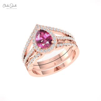 Halo Diamond Multilayer Ring With 0.96 Ct Rhodolite Garnet 14k Real Gold Split Shank Ring
