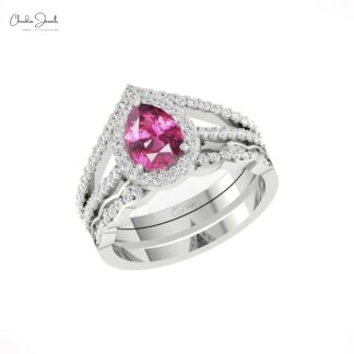 Halo Diamond Multilayer Ring With 0.96 Ct Rhodolite Garnet 14k Real Gold Split Shank Ring