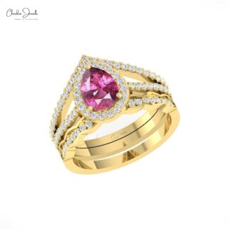 Halo Diamond Multilayer Ring With 0.96 Ct Rhodolite Garnet 14k Real Gold Split Shank Ring