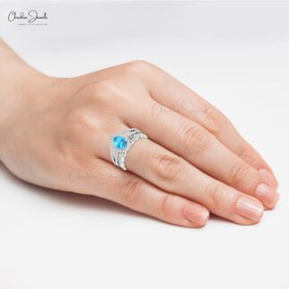 Halo Split Shank Women Ring In 14k Pure Gold Swiss Blue Topaz And Diamond Promise Rings