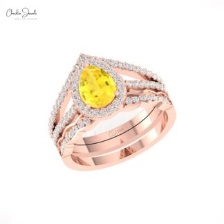Pear Cut Statement Ring In Real 14k Gold Yellow Sapphire Pave Diamond Split Shank Ring