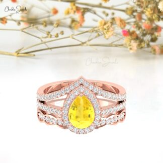 Pear Cut Statement Ring In Real 14k Gold Yellow Sapphire Pave Diamond Split Shank Ring