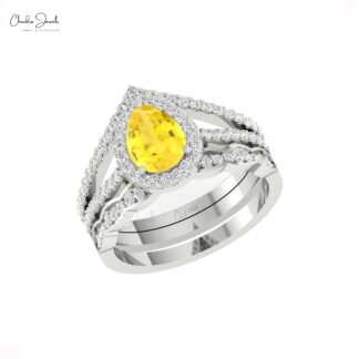 Pear Cut Statement Ring In Real 14k Gold Yellow Sapphire Pave Diamond Split Shank Ring