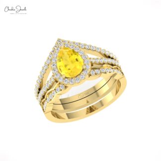 Pear Cut Statement Ring In Real 14k Gold Yellow Sapphire Pave Diamond Split Shank Ring