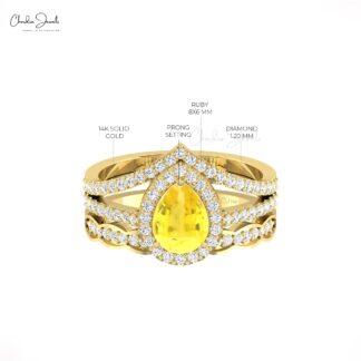 Pear Cut Statement Ring In Real 14k Gold Yellow Sapphire Pave Diamond Split Shank Ring